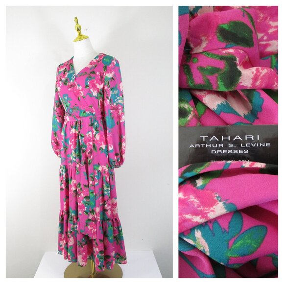 Tahari Pink Green Floral Peasant Boho A Line Long Sleeve Midi Dress Size 4 - Picture 1 of 14